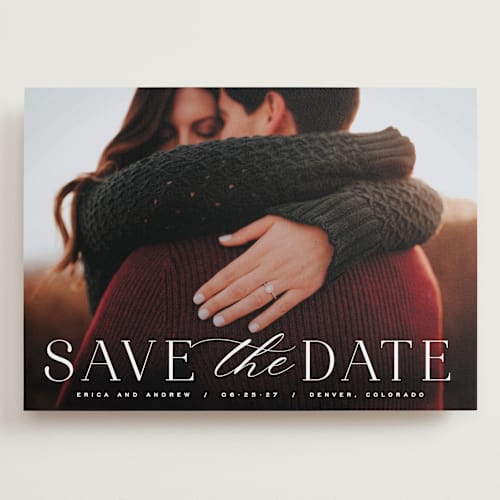 This is a dove save the date with standard by Hooray Creative called classic serif printing on recycled smooth signature in grand
