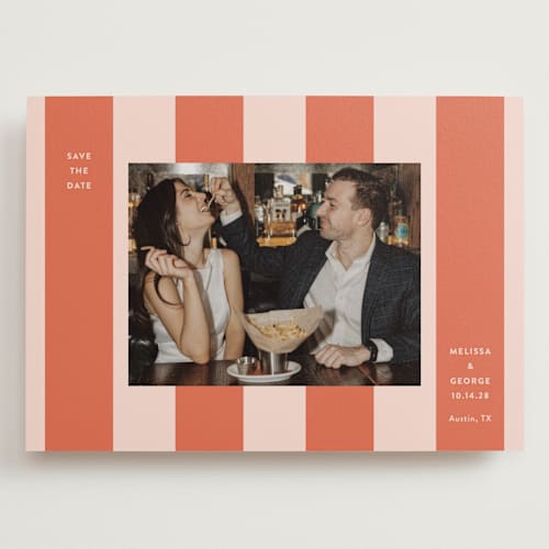 This is a grapefruit save the date with standard by Megan Davis called aperitivo printing on recycled smooth signature in grand