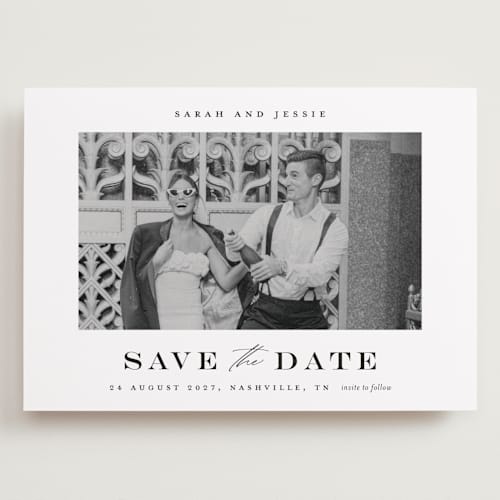 This is a midnight save the date with standard by Stacey Meacham called classic charm printing on recycled smooth signature in grand