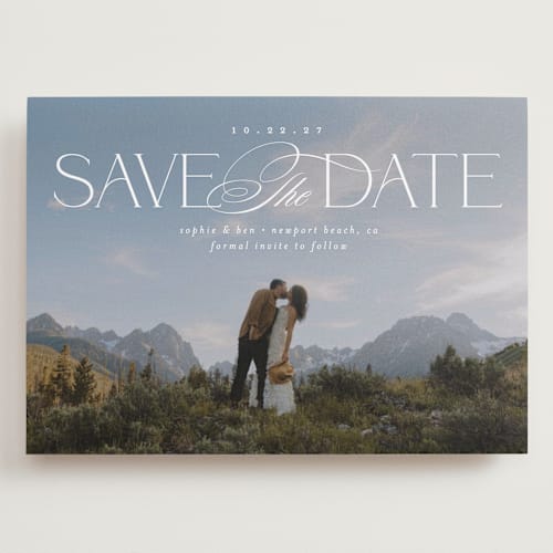 This is a pearl save the date with standard by Brooke Chandler called novella printing on recycled smooth signature in grand