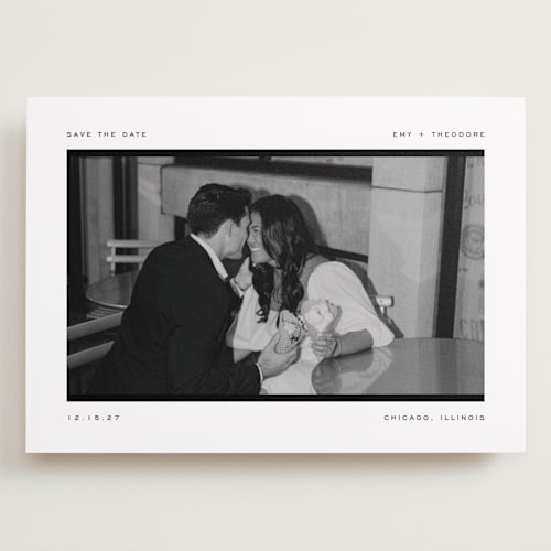 This is a onyx save the date with standard by Pixel and Hank called photosnap printing on recycled smooth signature in grand