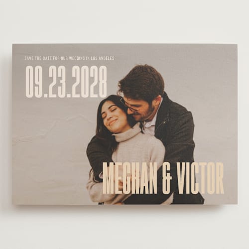 This is a honey save the date with standard by letterfix called ensemble printing on recycled smooth signature in grand