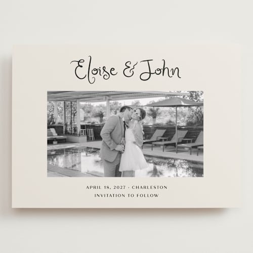 This is a tuxedo save the date with standard by Megan Davis called camellia printing on recycled smooth signature in grand