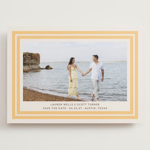 This is a sunflower save the date with standard by Megan Davis called negroni printing on recycled smooth signature in grand