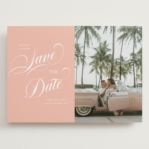 This is a peach save the date with standard by Morgan Kendall called palm springs printing on recycled smooth signature in grand