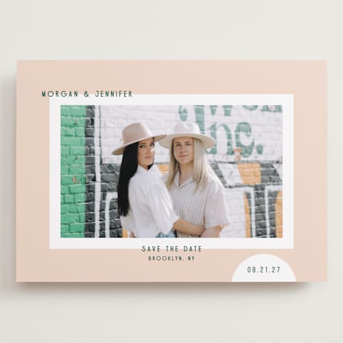 This is a melon save the date with standard by Kelly Watkins called minimal modern printing on recycled smooth signature in grand