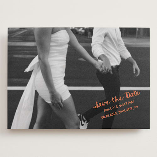 This is a tangerine save the date with standard by Jelena Vuletic called imprint printing on recycled smooth signature in grand