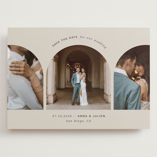 This is a sand save the date with standard by Kristin Oliversen called pure elegance printing on recycled smooth signature in grand