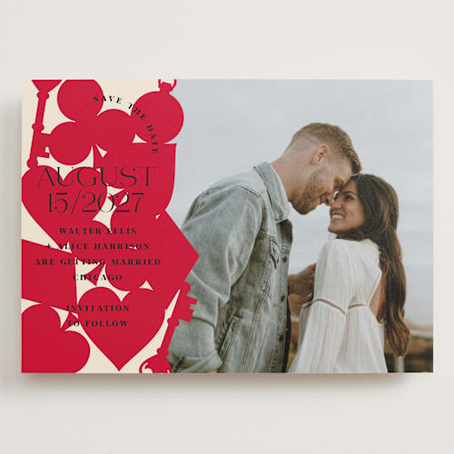 This is a ruby save the date with standard by Baumbirdy called pair of hearts from disney's alice in wonderland printing on recycled smooth signature in grand
