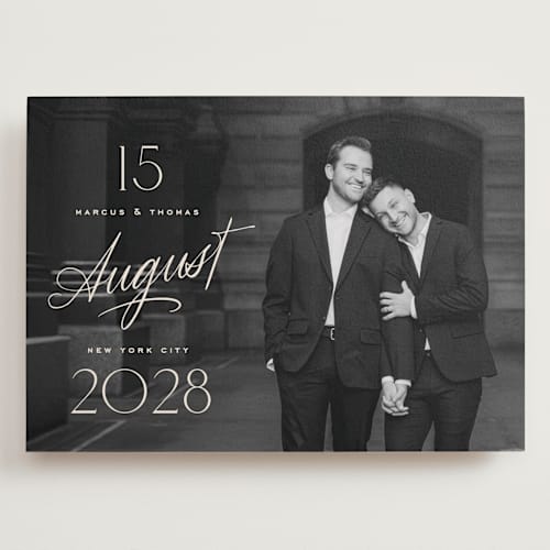 This is a ivory save the date with standard by Oscar and Emma - Karly Depew called the date is set printing on recycled smooth signature in grand