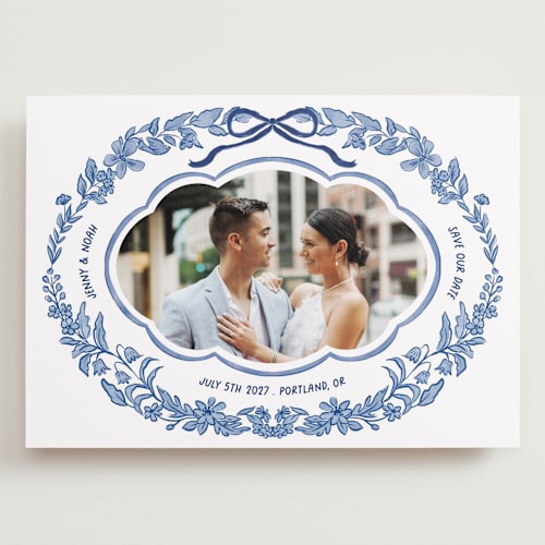 This is a porcelain save the date with standard by Elly called charm printing on recycled smooth signature in grand