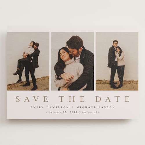 This is a sand save the date with standard by Nicole Walsh called elegant trio printing on recycled smooth signature in grand