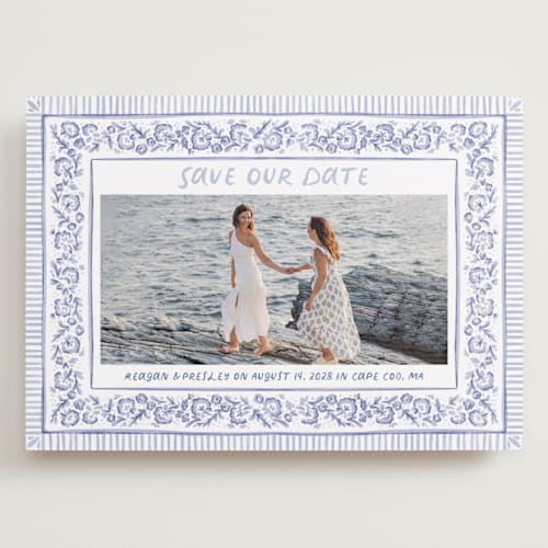 This is a cerulean save the date with standard by Jenna Holcomb called provincial printing on recycled smooth signature in grand