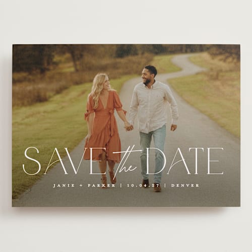 This is a pearl save the date with standard by Jessica Corliss called simple elegance printing on recycled smooth signature in grand