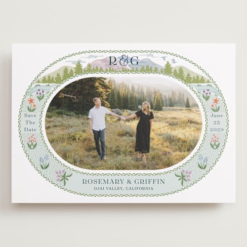 This is a pine save the date with standard by Paper Sun Studio called river valley printing on recycled smooth signature in grand