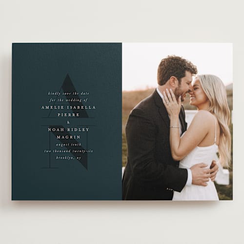 This is a midnight save the date with standard by Up Up Creative called centro printing on recycled smooth signature in grand