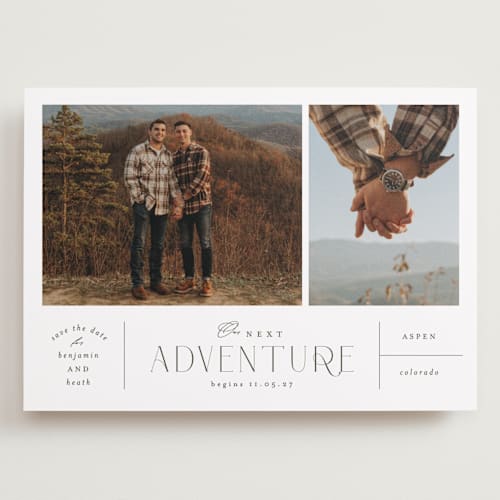 This is a mountain save the date with standard by Corinne Malesic called the next adventure printing on recycled smooth signature in grand