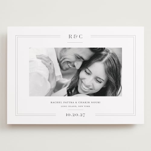 This is a mocha save the date with standard by Meagan Christensen called alcott printing on recycled smooth signature in grand