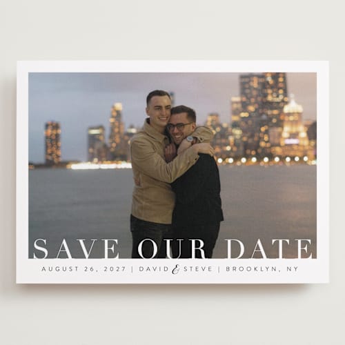 This is a clouds save the date with standard by Kasia Labocki called simple elegance printing on recycled smooth signature in grand
