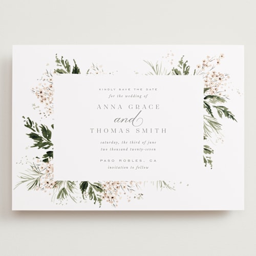 This is a porcelain save the date with standard by Leah Bisch called grace printing on recycled smooth signature in grand