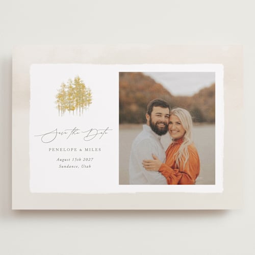 This is a natural save the date with standard by Robert and Stella called aspen printing on recycled smooth signature in grand
