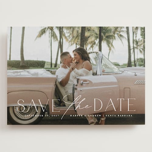 This is a snow save the date with standard by Yaling Hou Suzuki called a fun ride printing on recycled smooth signature in grand