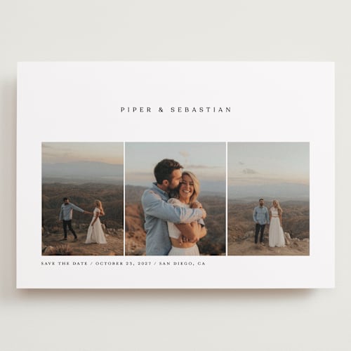 This is a linen save the date with standard by Robert and Stella called trifold printing on recycled smooth signature in grand