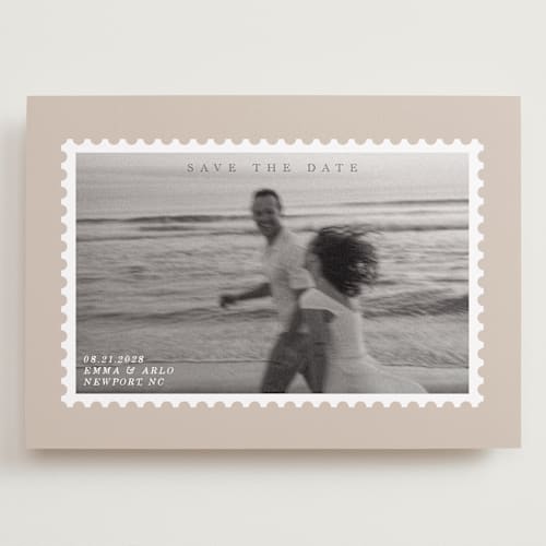 This is a taupe save the date with standard by Claire called stamp printing on recycled smooth signature in grand