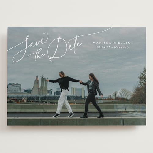This is a pearl save the date with standard by Kaydi Bishop called on the horizon printing on recycled smooth signature in grand