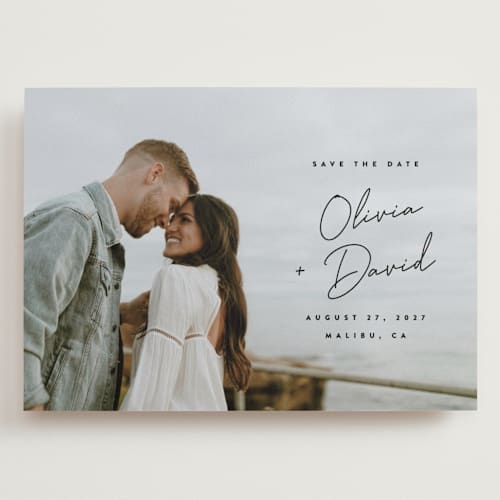This is a noir save the date with standard by JoAnn Jinks called signed printing on recycled smooth signature in grand