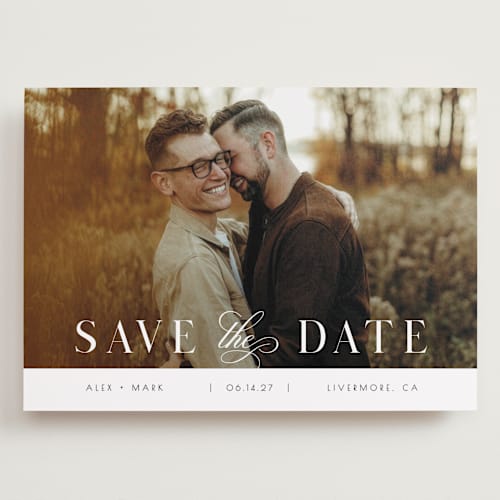 This is a lily save the date with standard by Christy Hy Lee called simple space printing on recycled smooth signature in grand