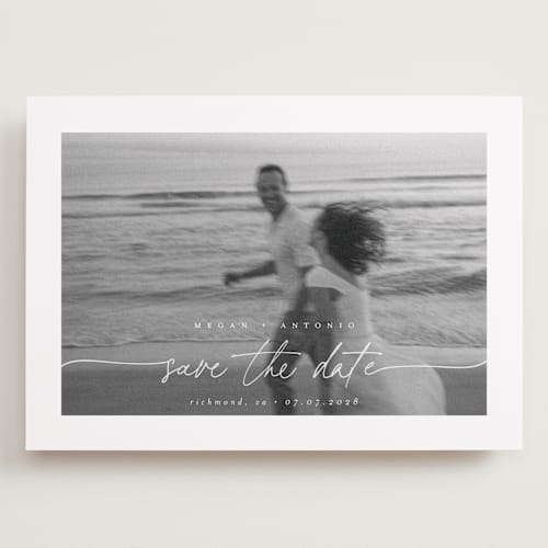 This is a ivory save the date with standard by Pippa Shaw called gaussian printing on recycled smooth signature in grand