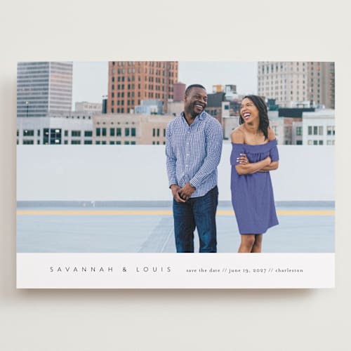 This is a onyx save the date with standard by Jennifer Postorino called atmospheric printing on recycled smooth signature in grand
