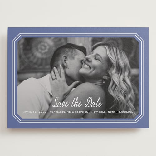 This is a blueberry save the date with standard by Carolyn MacLaren called deluxe printing on recycled smooth signature in grand