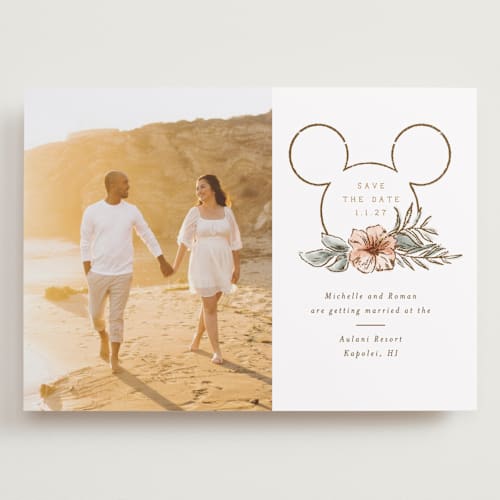 This is a earth save the date with standard by Shiny Penny Studio called disney's mickey mouse tropical  frame printing on recycled smooth signature in grand