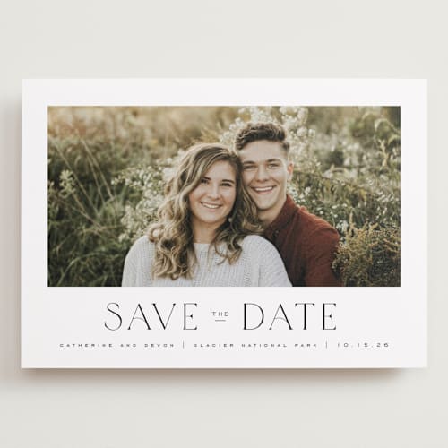 This is a ink save the date with standard by Wildfield Paper Co called glacier printing on recycled smooth signature in grand