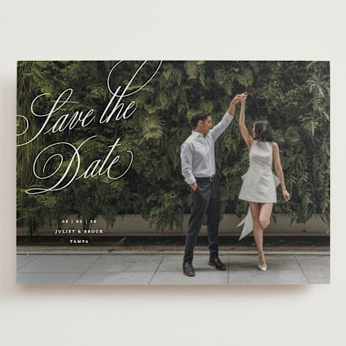 This is a pearl save the date with standard by Pixel and Hank called enamored printing on recycled smooth signature in grand