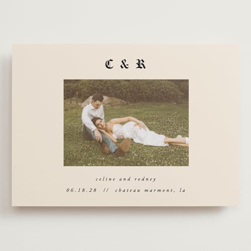 This is a ecru save the date with standard by AK Graphics called marmont printing on recycled smooth signature in grand