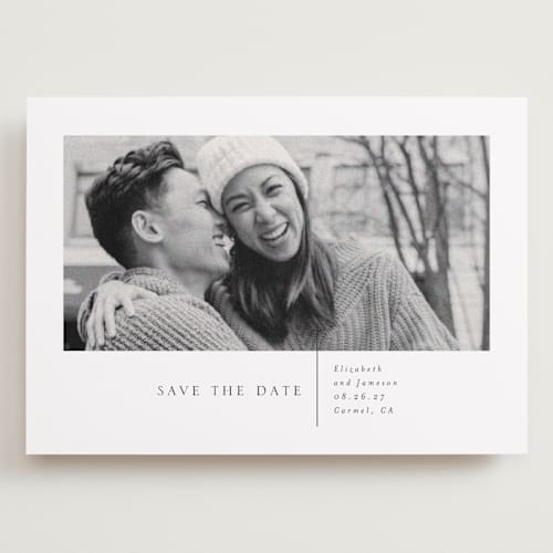 This is a linen save the date with standard by Erin Deegan called a simple love printing on recycled smooth signature in grand