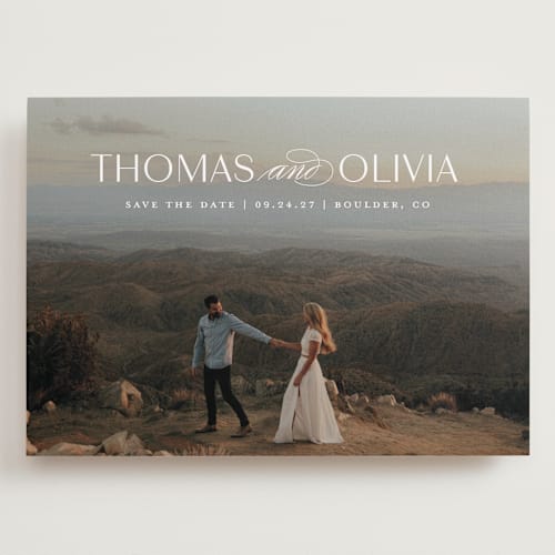 This is a cloud save the date with standard by Elizabeth Bishop called elegantly modern printing on recycled smooth signature in grand