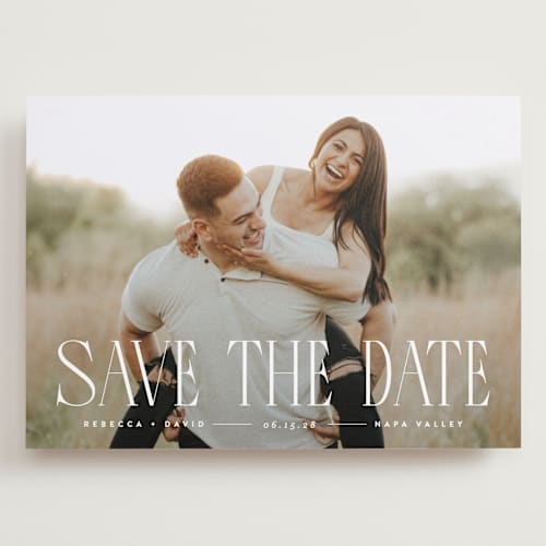 This is a cloud save the date with standard by JoAnn Jinks called headlined printing on recycled smooth signature in grand