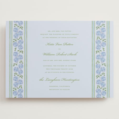 This is a coastal wedding invitations with standard by Madhvi Samimi called hydrangea vines printing on signature in grand