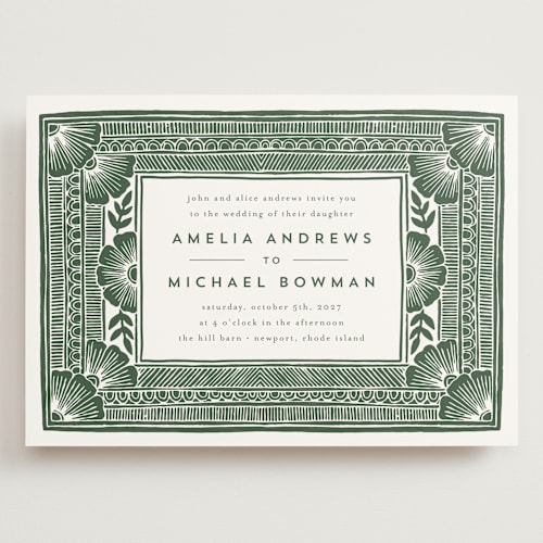 This is a fern wedding invitations with standard by Katharine Watson called block print frame printing on signature in grand