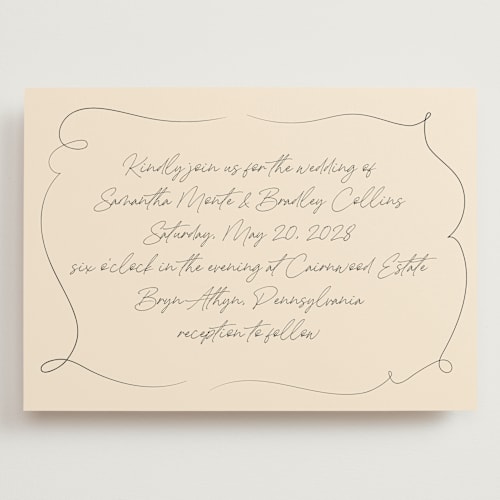 This is a champagne wedding invitations with standard by Wallace Design Co. called french whimsy script printing on signature in grand