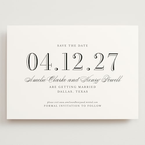 This is a tuxedo save the date with standard by Megan Davis called hepburn printing on signature in grand