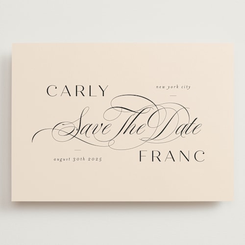 This is a blush save the date with standard by Lori Wemple called soiree printing on signature in grand
