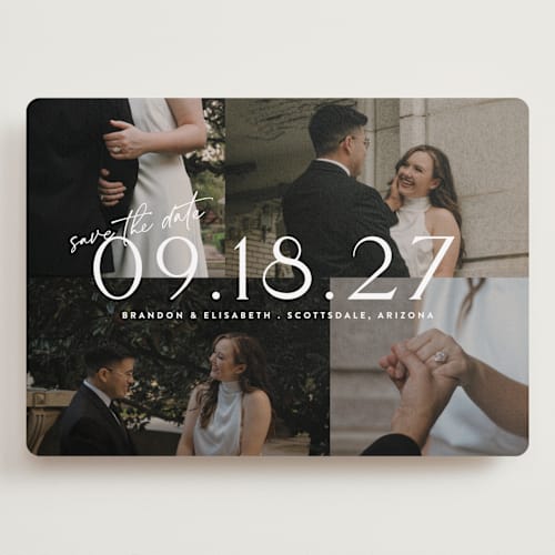This is a opal save the date with standard by Cat Caudillo called love snaps printing on recycled smooth signature in grand