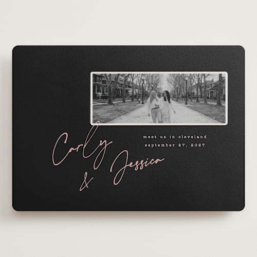 This is a noir save the date with standard by Merian called album cover printing on recycled smooth signature in grand