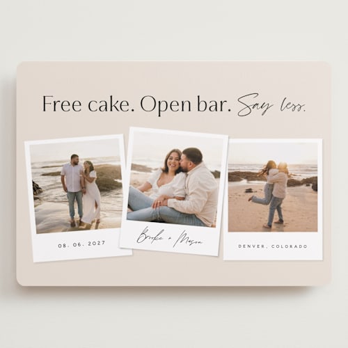 This is a almond save the date with standard by Stephanie Hawkes called say less printing on recycled smooth signature in grand