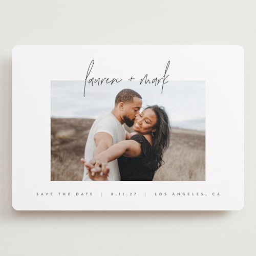 This is a night save the date with standard by JoAnn Jinks called simply script printing on recycled smooth signature in grand